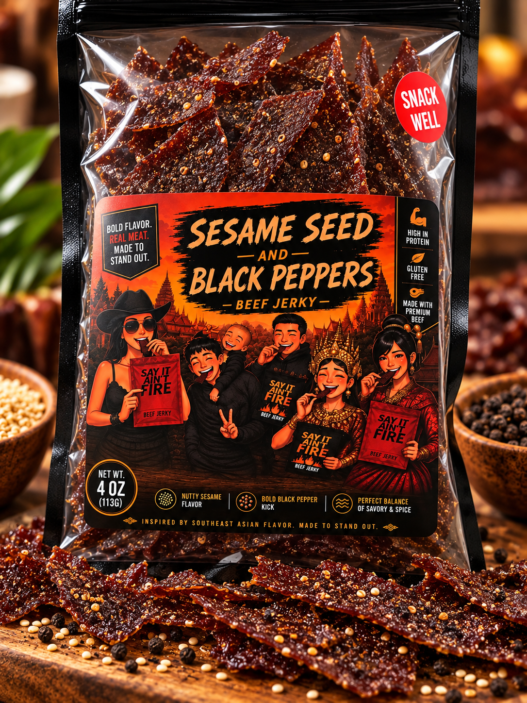 4 oz bag of Sesame Seed and Black Peppers beef jerky by Say It Ain't Fire