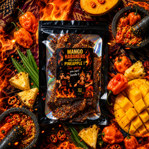 Mango Habanero Pineapple Beef Jerky holographic bag surrounded by fresh mango, pineapple, and habanero peppers